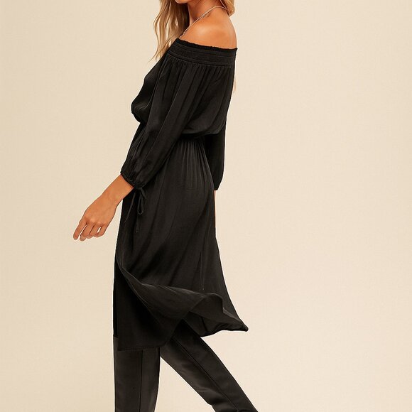 HEM & THREAD Off-Shoulder Black Midi Dress | Boho Chic Long Sleeve Dress - Picture 4 of 5